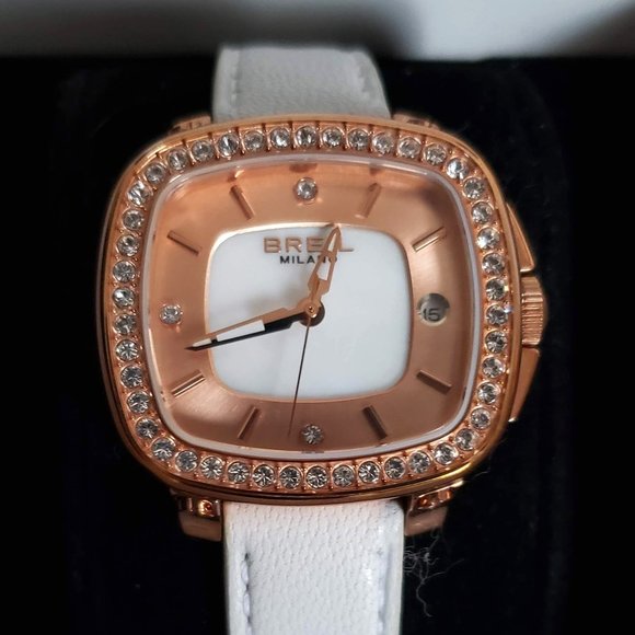 NIB BREIL MILANO Watch Swarovski Crystals Rose Gold white Leather Band TW1318